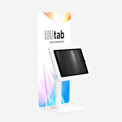Lilitab tablet kiosk with backdrop graphic