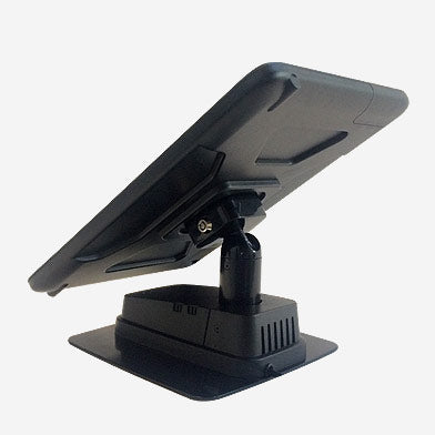 Lilitab Flip tablet kiosk shown with optional base housing to hold ac adapter